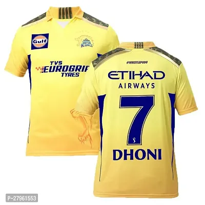 Stylish Yellow Polycotton Csk Dhoni 7 Cricket Jersey T-Shirt For Men-thumb0