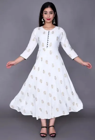 Women Rayon Anarkali Kurta (White, Gold)