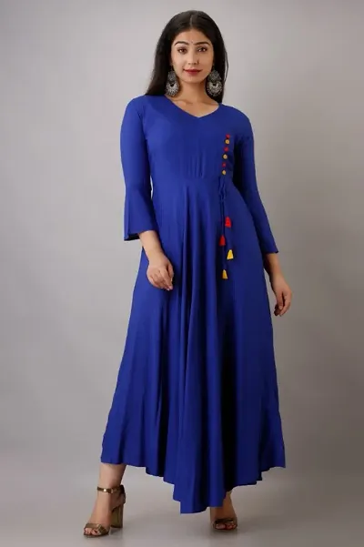 Stylish Rayon Solid Bell Sleeves V- Neck Kurta For Women