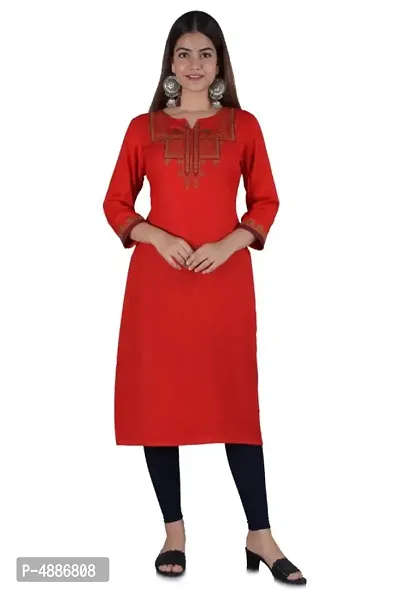 Elegant Red Rayon Slub Embroidery Kurta For Women