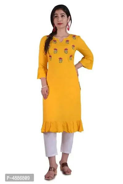 Elegant Yellow Rayon Embroidered Kurta For Women
