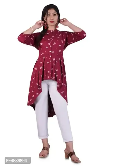 Stylish Maroon Rayon Printed High Low Shirt Kurta For Women
