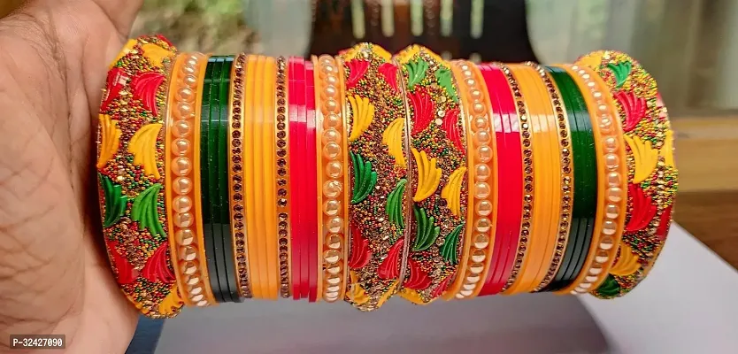 Rajasthani Chooda For Women Multicolor Glass Kada Bangles With Unique Design And Crystals Set Of 30-thumb0