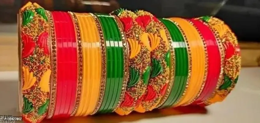 Rajasthani Chooda For Women Multicolor Glass Kada Bangles With Unique Design And Crystals Set Of 24-thumb0