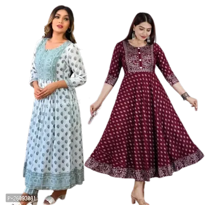 Beautiful Anarkali Multicoloured Printed Rayon Kurta For Women Combo Of 2