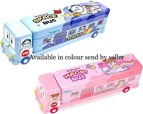 Bus Shape Pencil Box/ Geometry Box School Bus Pencil Box for Kids Magic Bus Space School Bus with Moving Tyres Metal Pencil Box with 3 Compartments  Cute Eyes (BLUE COLOUR)