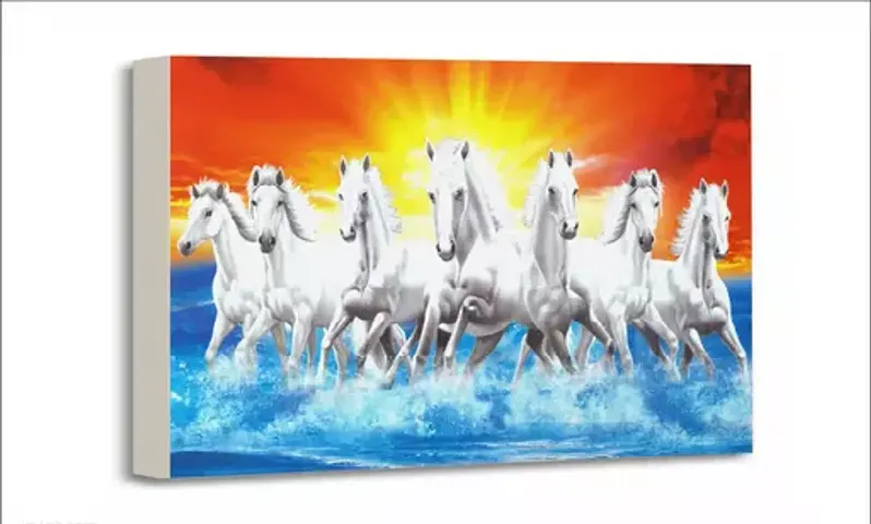 Lucky Seven 7 White Running Horses Vastu Wall Painting Canvas