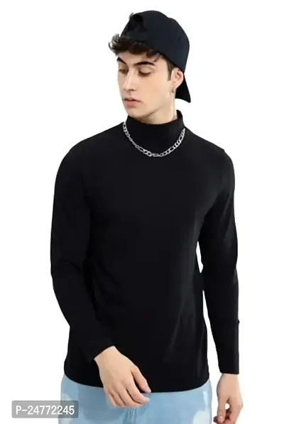 TRIKSH International -Men's High Neck Cotton T-Shirt Solid Long Sleeve T-Shirt | Regular Fit (Small, Black)