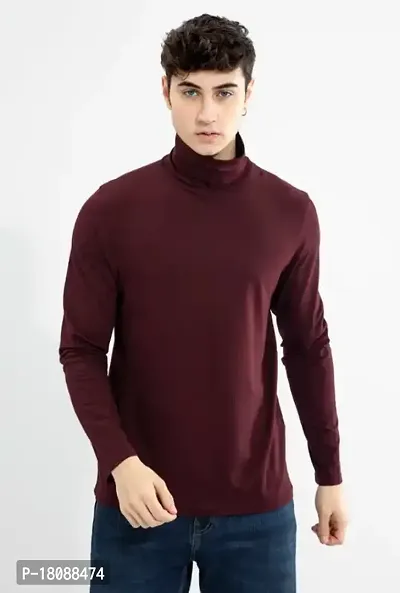 Stylish Cotton Maroon Solid Long Sleeve High Neck T-shirt For Men- Pack Of 1-thumb0