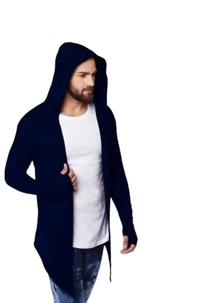 TRIKSH International - Premium Men?s Open Shrug with Hooded | Full Sleeve Open Long Cardigan for Men, Best for Casual Wear (XL, Blue)