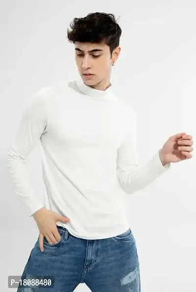 Stylish Cotton White Solid Long Sleeve High Neck T-shirt For Men- Pack Of 1