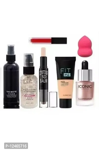 Makeup Combo of (Fixer+Primer+2in1C+Matte Lipstick+Puff) Makeup Kit 7 Items in This Set