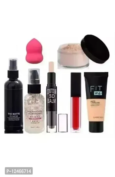 Face Makeup Combo of Fixer , Primer, Contour Stick, Foundation, Matte Lipstick , Loose Powder Puff