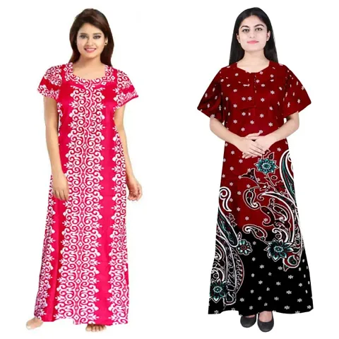 PMK FASHION 100% Cotton Nighty for Women || Long Length Printed Nighty/Maxi/Night Gown/Night Dress/Nightwear Inner & Sleepwear for Women's (Combo Pack of 2)