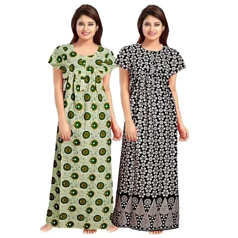 HOORANI Enterprises 100% Cotton Nighty for Women || Long Length Printed Nighty/Maxi/Night Gown/Night Dress/Nightwear Inner & Sleepwear for Women's (Combo Pack of 2)