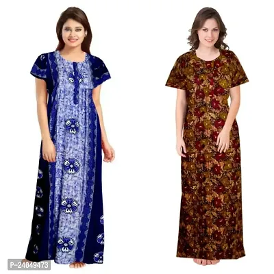 PMK FASHION 100% Cotton Nighty for Women || Long Length Printed Nighty/Maxi/Night Gown/Night Dress/Nightwear Inner  Sleepwear for Women's (Combo Pack of 2)-thumb0