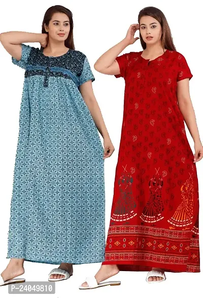 PMK FASHION 100% Cotton Kaftan for Women || Long Length Printed Nighty/Kaftan/Maxi/Night Gown/Night Dress/Nightwear Inner Sleepwear for Women's (Combo Pack of 2)