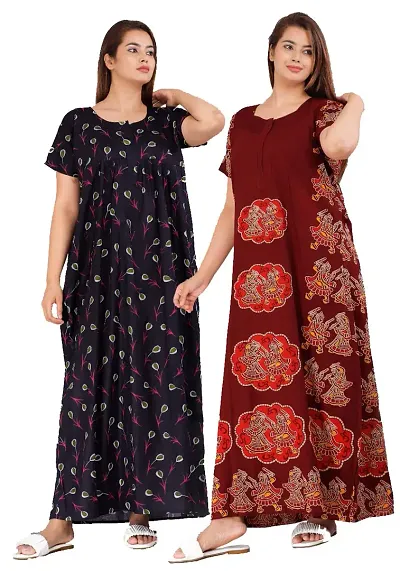 PMK FASHION 100% Cotton Kaftan for Women || Long Length Printed Nighty/Kaftan/Maxi/Night Gown/Night Dress/Nightwear Inner & Sleepwear for Women Combo Pack of 2