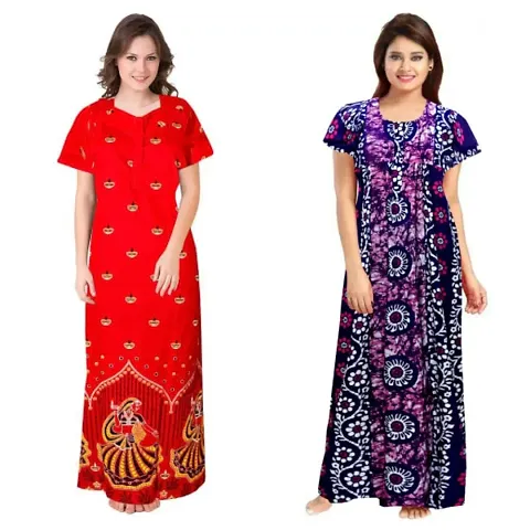 PMK FASHION 100% Cotton Nighty for Women || Long Length Printed Nighty/Maxi/Night Gown/Night Dress/Nightwear Inner & Sleepwear for Women's (Combo Pack of 2)