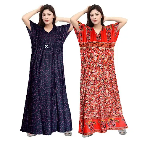 Hoorain Enterprises 100% Cotton Nighty for Women || Long Length Printed Nighty/Maxi/Night Gown/Night Dress/Nightwear Inner & Sleepwear for Women's (Combo Pack of 2)