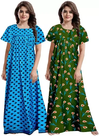 Lorina Women's Cotton Attractive Nightwear Maxi Nightdresses (Combo Pack of 2)