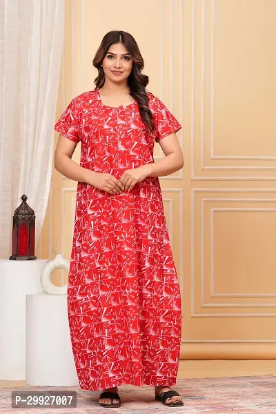 Elegant Red Cotton Printed Nighty For Women-thumb0