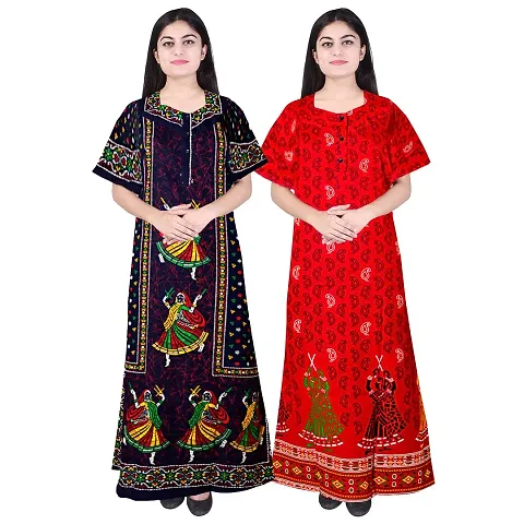 PMK FASHION 100% Cotton Nighty for Women || Long Length Printed Nighty/Maxi/Night Gown/Night Dress/Nightwear Inner & Sleepwear for Women's (Combo Pack of 2)