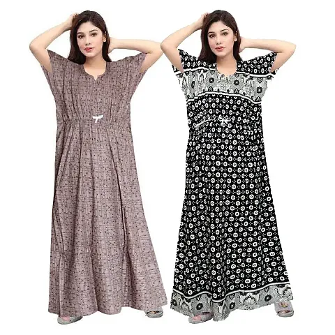 PMK FASHION 100% Cotton Kaftan for Women || Long Length Printed Nighty/Kaftan/Maxi/Night Gown/Night Dress/Nightwear Inner & Sleepwear for Women's (Combo Pack of 2)