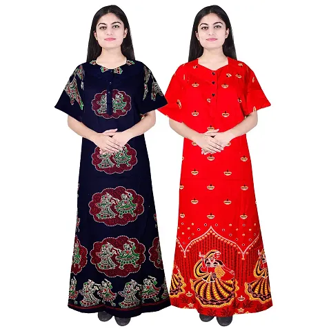 PMK FASHION 100% Cotton Nighty for Women || Long Length Printed Nighty/Maxi/Night Gown/Night Dress/Nightwear Inner & Sleepwear for Women's (Combo Pack of 2)