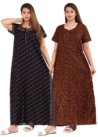 PMK FASHION 100% Cotton Kaftan for Women || Long Length Printed Nighty/Kaftan/Maxi/Night Gown/Night Dress/Nightwear Inner & Sleepwear for Women's (Combo Pack of 2)