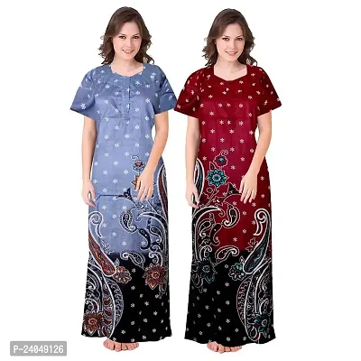 PMK FASHION 100% Cotton Nighty for Women || Long Length Printed Nighty/Maxi/Night Gown/Night Dress/Nightwear Inner  Sleepwear for Women's (Combo Pack of 2)-thumb0