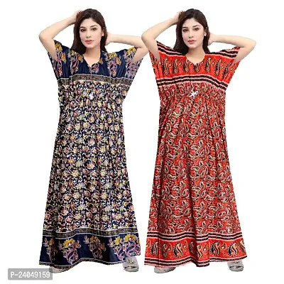 PMK FASHION 100% Cotton Kaftan for Women || Long Length Printed Nighty/Kaftan/Maxi/Night Gown/Night Dress/Nightwear Inner  Sleepwear for Women's (Combo Pack of 2)