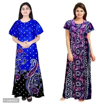 PMK FASHION 100% Cotton Nighty for Women || Long Length Printed Nighty/Maxi/Night Gown/Night Dress/Nightwear Inner  Sleepwear for Women's (Combo Pack of 2)-thumb0