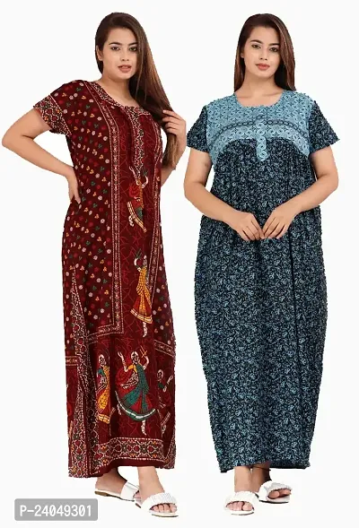 PMK FASHION 100% Cotton Kaftan for Women || Long Length Printed Nighty/Kaftan/Maxi/Night Gown/Night Dress/Nightwear Inner Sleepwear for Women's (Combo Pack of 2)