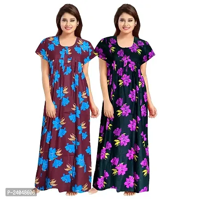 PMK FASHION 100% Cotton Nighty for Women || Long Length Printed Nighty/Maxi/Night Gown/Night Dress/Nightwear Inner  Sleepwear for Women's (Combo Pack of 2)-thumb0