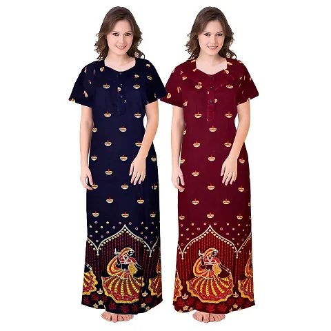 HOORANI Enterprises 100% Cotton Nighty for Women || Long Length Printed Nighty/Maxi/Night Gown/Night Dress/Nightwear Inner & Sleepwear for Women's (Combo Pack of 2)