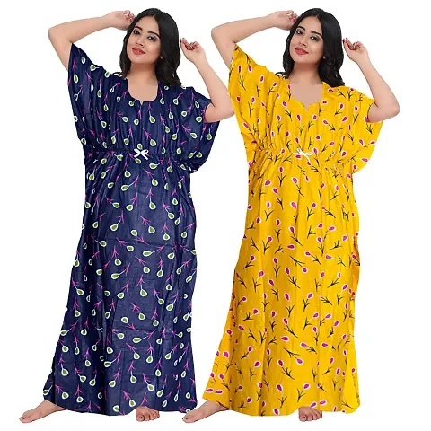 Hoorain Enterprises 100% Cotton Nighty for Women || Long Length Printed Nighty/Maxi/Night Gown/Night Dress/Nightwear Inner & Sleepwear for Women's (Combo Pack of 2)