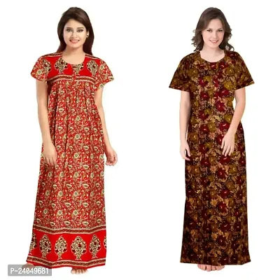 PMK FASHION 100% Cotton Nighty for Women || Long Length Printed Nighty/Maxi/Night Gown/Night Dress/Nightwear Inner  Sleepwear for Women's (Combo Pack of 2)-thumb0