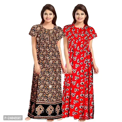 PMK FASHION 100% Cotton Nighty for Women || Long Length Printed Nighty/Maxi/Night Gown/Night Dress/Nightwear Inner  Sleepwear for Women's (Combo Pack of 2)-thumb0