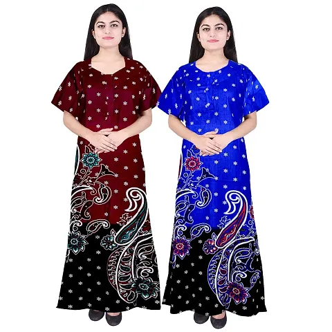 PMK FASHION 100% Cotton Nighty for Women || Long Length Printed Nighty/Maxi/Night Gown/Night Dress/Nightwear Inner & Sleepwear for Women's (Combo Pack of 2)