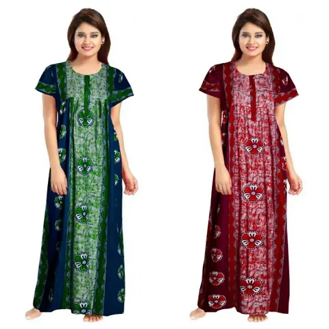 Hoorain Enterprises 100% Cotton Nighty for Women || Long Length Printed Nighty/Maxi/Night Gown/Night Dress/Nightwear Inner & Sleepwear for Women's (Combo Pack of 2)