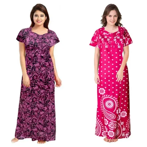 PMK FASHION 100% Cotton Nighty for Women || Long Length Printed Nighty/Maxi/Night Gown/Night Dress/Nightwear Inner & Sleepwear for Women's (Combo Pack of 2)