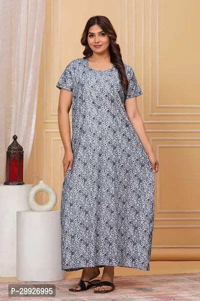 Elegant Grey Cotton Printed Nighty For Women-thumb0