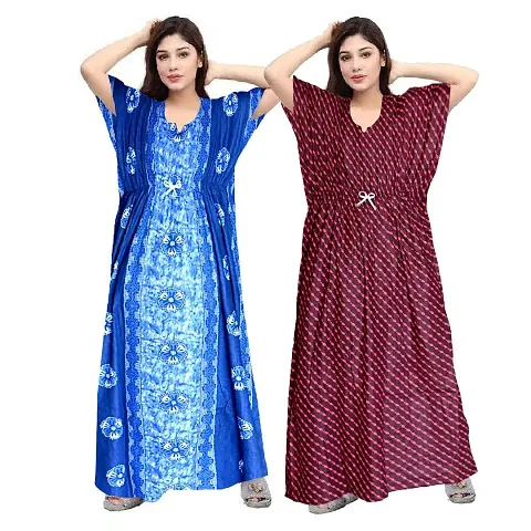 PMK FASHION 100% Cotton Kaftan for Women || Long Length Printed Nighty/Kaftan/Maxi/Night Gown/Night Dress/Nightwear Inner & Sleepwear for Women's (Combo Pack of 2)