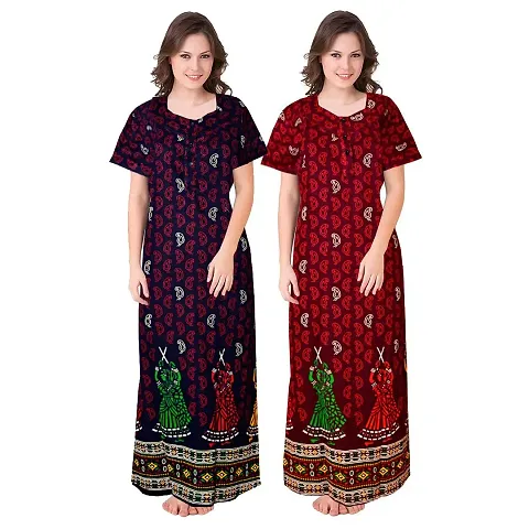 HOORANI Enterprises 100% Cotton Nighty for Women || Long Length Printed Nighty/Maxi/Night Gown/Night Dress/Nightwear Inner & Sleepwear for Women's (Combo Pack of 2)