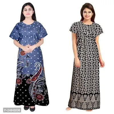 PMK FASHION 100% Cotton Nighty for Women || Long Length Printed Nighty/Maxi/Night Gown/Night Dress/Nightwear Inner  Sleepwear for Women's (Combo Pack of 2)-thumb0