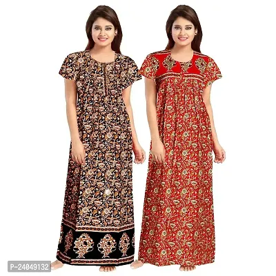 PMK FASHION 100% Cotton Nighty for Women || Long Length Printed Nighty/Maxi/Night Gown/Night Dress/Nightwear Inner  Sleepwear for Women's (Combo Pack of 2)-thumb0