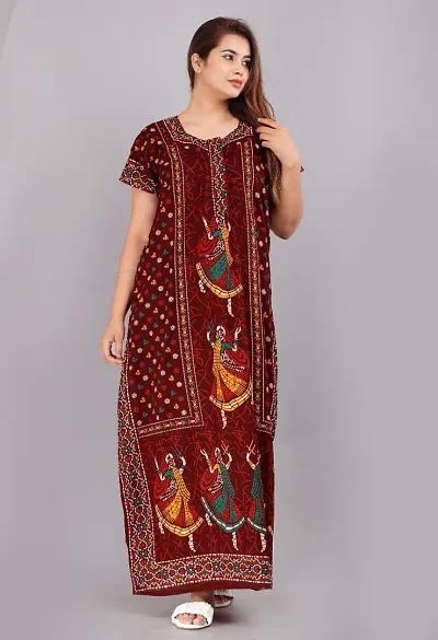 Trendy Jaipuri Cotton Short Sleeves Nighty/Night Dress For Women