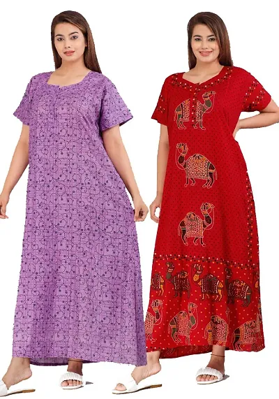 PMK FASHION 100% Cotton Kaftan for Women || Long Length Printed Nighty/Kaftan/Maxi/Night Gown/Night Dress/Nightwear Inner Sleepwear for Women's (Combo Pack of 2)