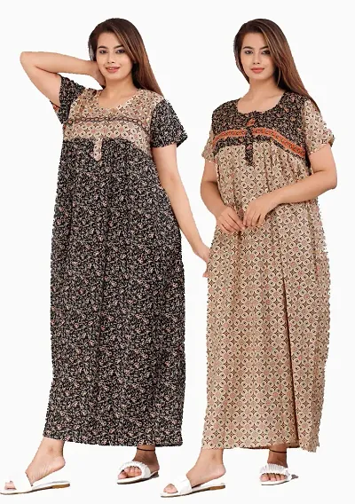 PMK FASHION 100% Cotton Kaftan for Women || Long Length Printed Nighty/Kaftan/Maxi/Night Gown/Night Dress/Nightwear Inner & Sleepwear for Women's (Combo Pack of 2)